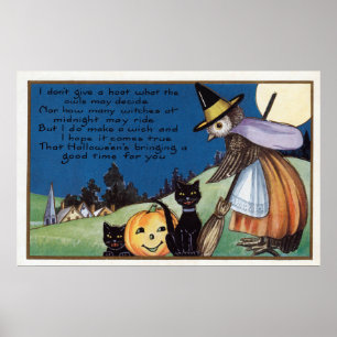 Poster vintage dos gatos pretos da bruxa da coruja