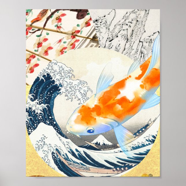 Poster Vintage Dourado Koi Pond da Cultura Japonesa (Frente)