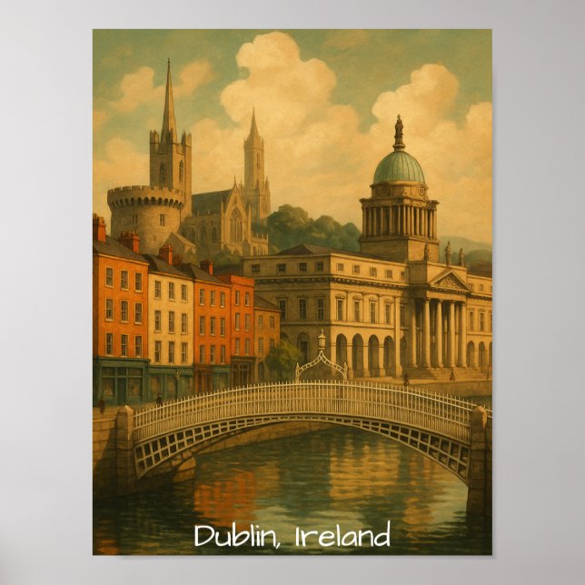 Poster Vintage Dublin Viagem Retro Ireland City Trabalho  (Frente)