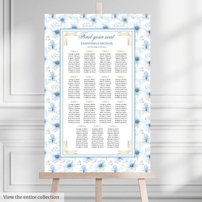 Poster Vintage Dusty Blue Watercolor Seating Chart (Vintage Dusty Blue Gold Watercolor Seating Chart)
