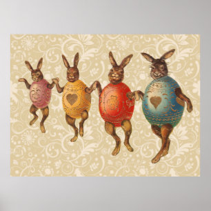 Poster Vintage Easter Bunnies dança com fantasias de ovo