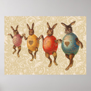 Poster Vintage Easter Bunnies dança com fantasias de ovo