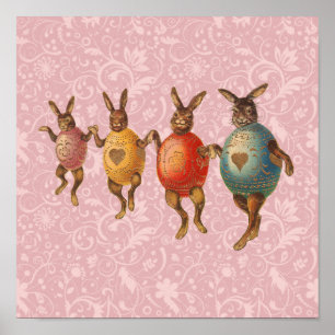 Pôster Vintage Easter Bunnies dança com fantasias de ovo