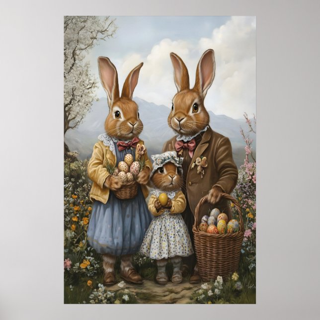 Poster Vintage Easter Bunny Family Art, Spring Nursery (Frente)