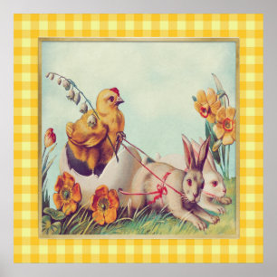 Poster Vintage Easter Bunny & Pintinho em Buffalo Checks