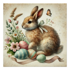 Pôster Vintage Easter Bunny Rabbit Watercolor