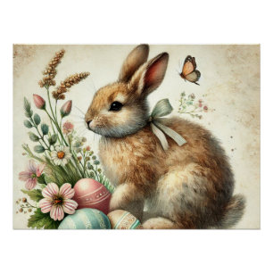 Pôster Vintage Easter Bunny Rabbit Watercolor