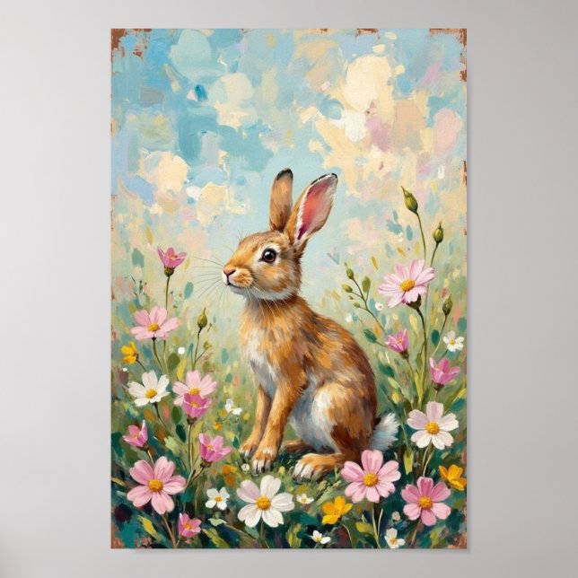 Poster Vintage Easter Bunny Wildflower Art (Frente)