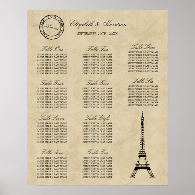 Poster Vintage Eiffel Tower Paris Postmark Wedding (Frente)