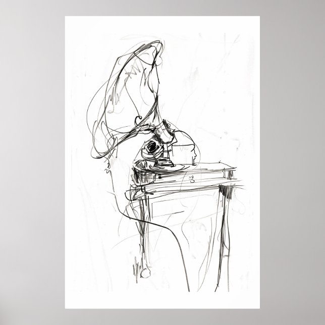 Poster Vintage Elegant Old Gramophone Sketch - Premium (Frente)