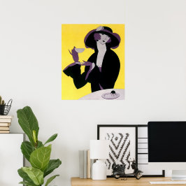 Pôster Vintage Elegante Bebendo de Mulher Tarde Partido T