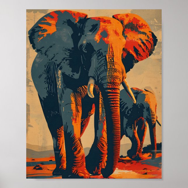Poster Vintage Elephant Sunset: Serenidade na Natureza (Frente)