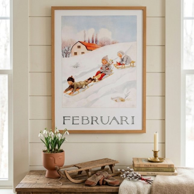Poster Vintage Elsa Beskow February Sledding Nursery (Criador carregado)