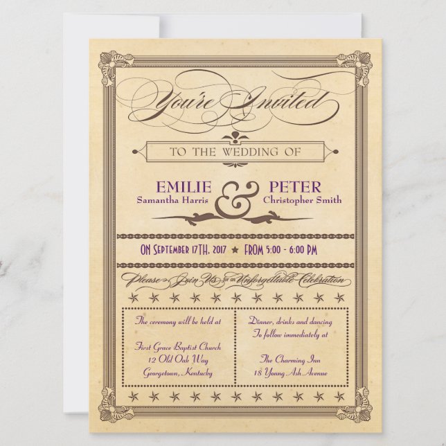 Poster vintage Estilo Cream e Convite de casamento (Frente)