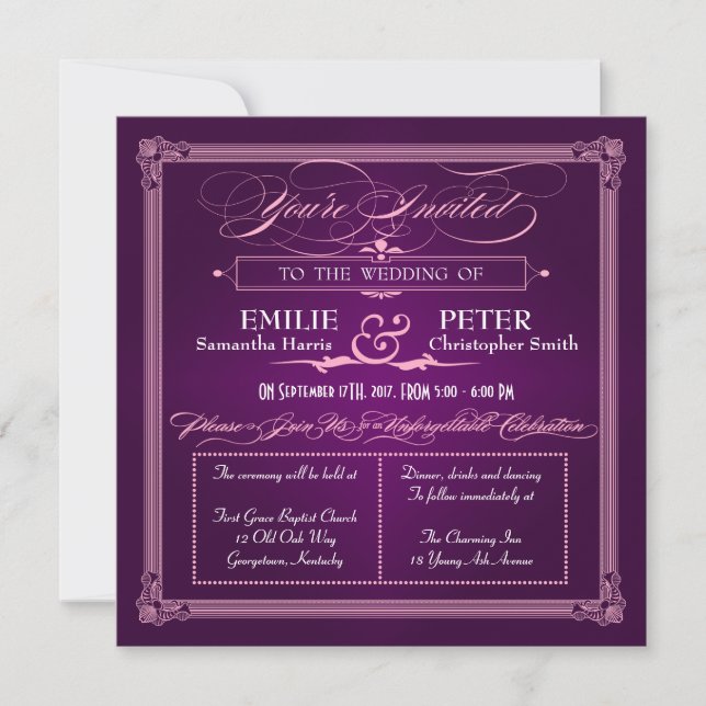 Poster vintage Estilo de Casamento Roxo Convites (Frente)