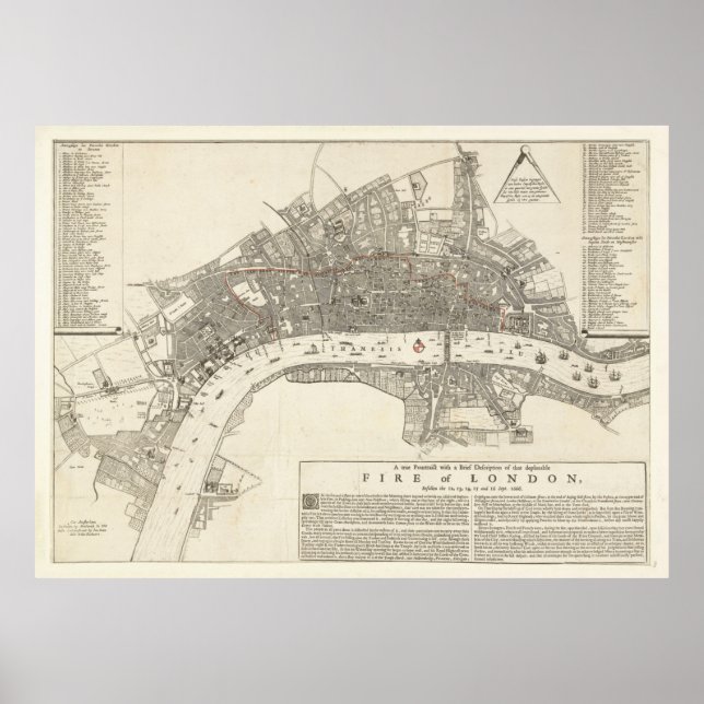 Poster Vintage Excelente Fire of London Map (1666) (Frente)