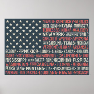 Poster Vintage, Fade American Flag State Names Words