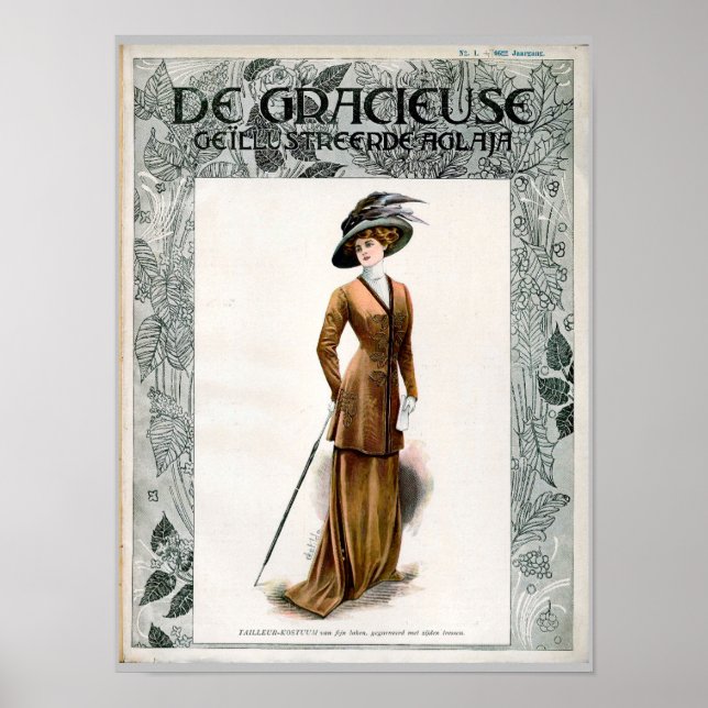 Poster Vintage Fashion Illustration Lady In Feather Hat (Frente)