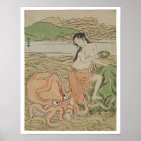 Vintage Fishergirl With An Octopus, Retro Japan 