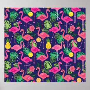 Poster Vintage flamingos, padrão de elementos de verão