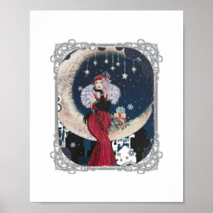 Poster Vintage Flapper Woman Crescent Moon