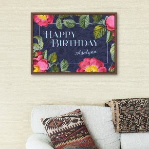 Poster Vintage Floral Custom Name Birthday Gift Blue