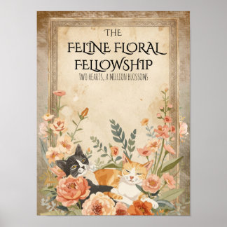 Poster Vintage Floral Feline Cottagecore Botanical Art
