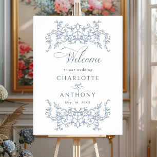 Poster Vintage Floral Frame Dusty Blue Weding Welcome
