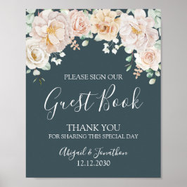 Poster Vintage Floral Navy Blue Wedding Guest Book Sign