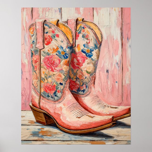 Poster Vintage Floral Pink Cowgirl Boots Western (Frente)