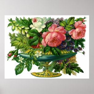 Poster Vintage Floral Pink Roses, Vase of Flowers