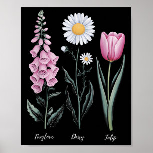 Poster Vintage Floral Plant Foxglove Daisy Tulip Flower G
