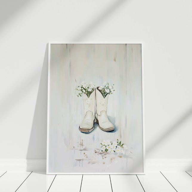 Poster Vintage Floral White Cowgirl Ilustra Boots (Vintage Floral White Cowgirl Boots Illustration Poster in a white frame on a white wooden floor.)