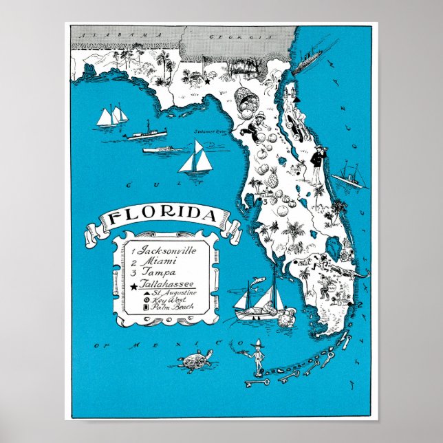 Pôster Vintage Florida State Map Wall Decor (Frente)