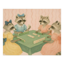 Vintage Fofo Mapaches Jogando Mahjong