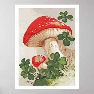 Poster Vintage Forest Mushroom Lucky Clover