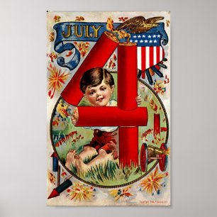 Poster Vintage Fourth of July Boy with Fireworks Print