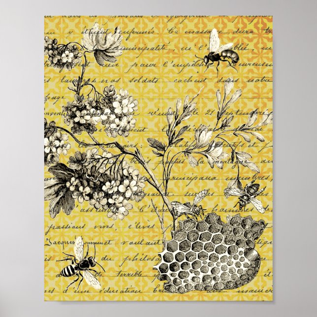Poster Vintage French Bee and Flower (Frente)
