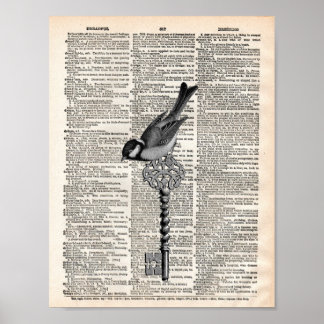 Poster Vintage French bird and key dictionary