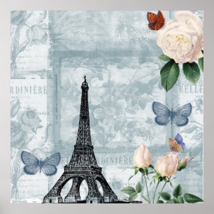 Poster Vintage French Butterflies and Roses