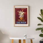 Poster Vintage French Cafe Advertisement Repro. Art Deco<br><div class="desc">Este belo poster de reprodução vertical de anúncios de café francês mostra um homem flutuando no vapor de uma xícara de café da China. Ele está vestido de branco com um cinto verde sobre fundo vermelho escuro. Digitalmente restaurado à discrição do artista. Perfeito para a decoração da parede. Enquadre-o e...</div>