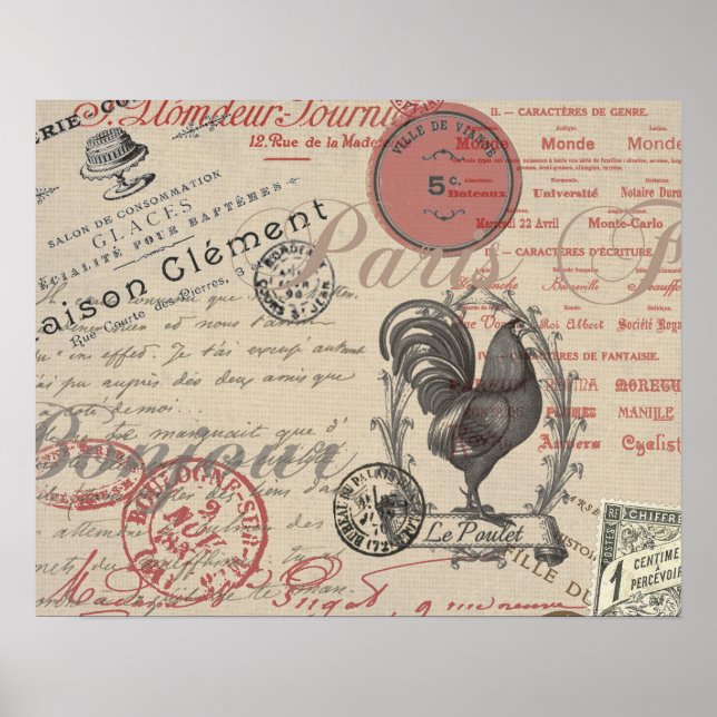 Pôster Vintage French Escrevendo Tipografia Paris Rooster (Frente)
