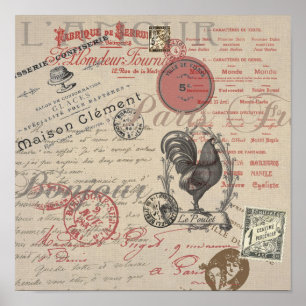 Poster Vintage French Handwrite Paris Rooster