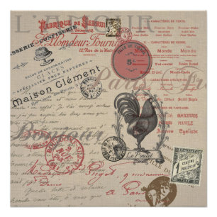 Pôster Vintage French Handwrite Paris Rooster