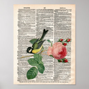 Poster Vintage French rose and bird dictionary