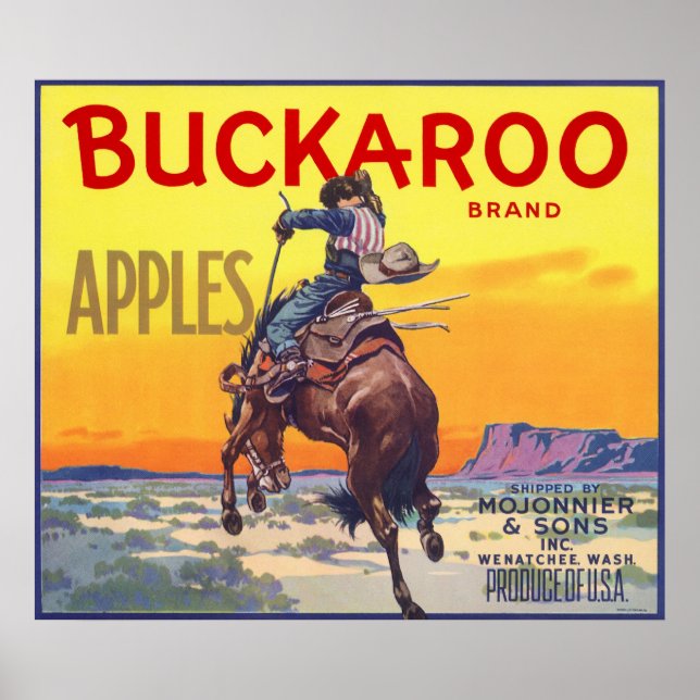 Poster Vintage Fruta Crate Label Art, Buckaroo Apple (Frente)