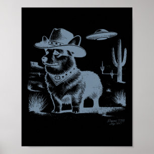 Poster Vintage Funny 90 Western Cowboy Corgi Ufo