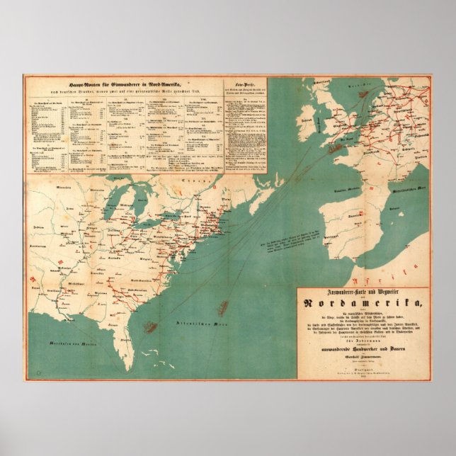 Poster Vintage German US Immigration Map (1853) (Frente)