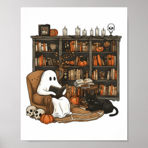 Poster Vintage Ghost Lading Book Lovers Library Hallowee