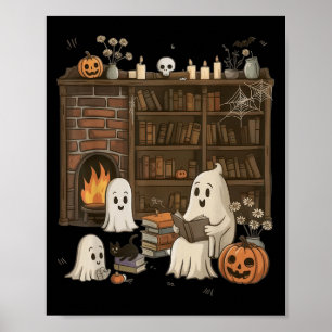 Poster Vintage Ghost Lading Book Lovers Library Hallowee